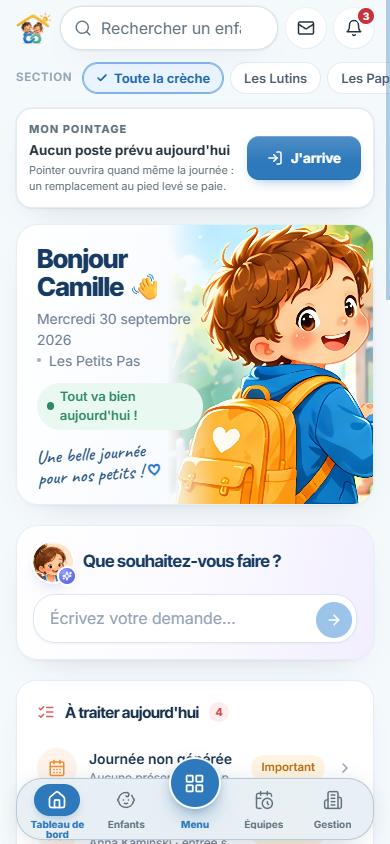 Le tableau de bord de Daycarelink sur téléphone