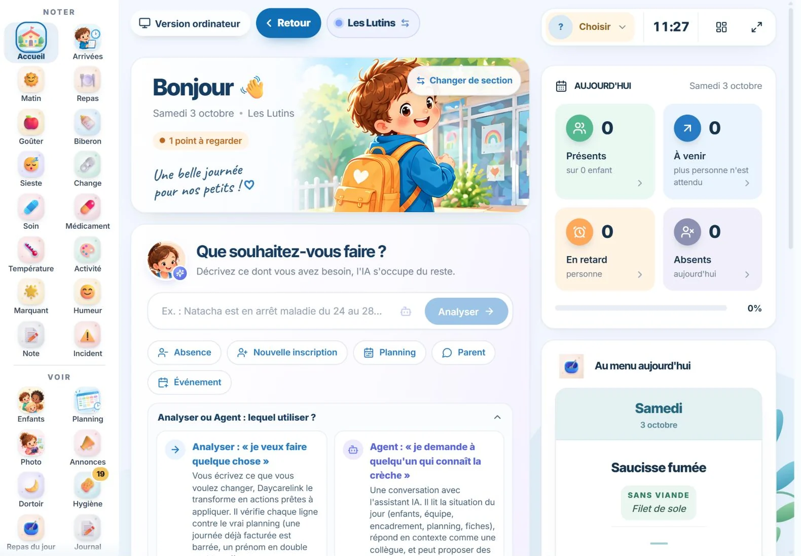 L'accueil de la section : les gestes à gauche, la journée en chiffres, l'assistant IA et le menu du jour