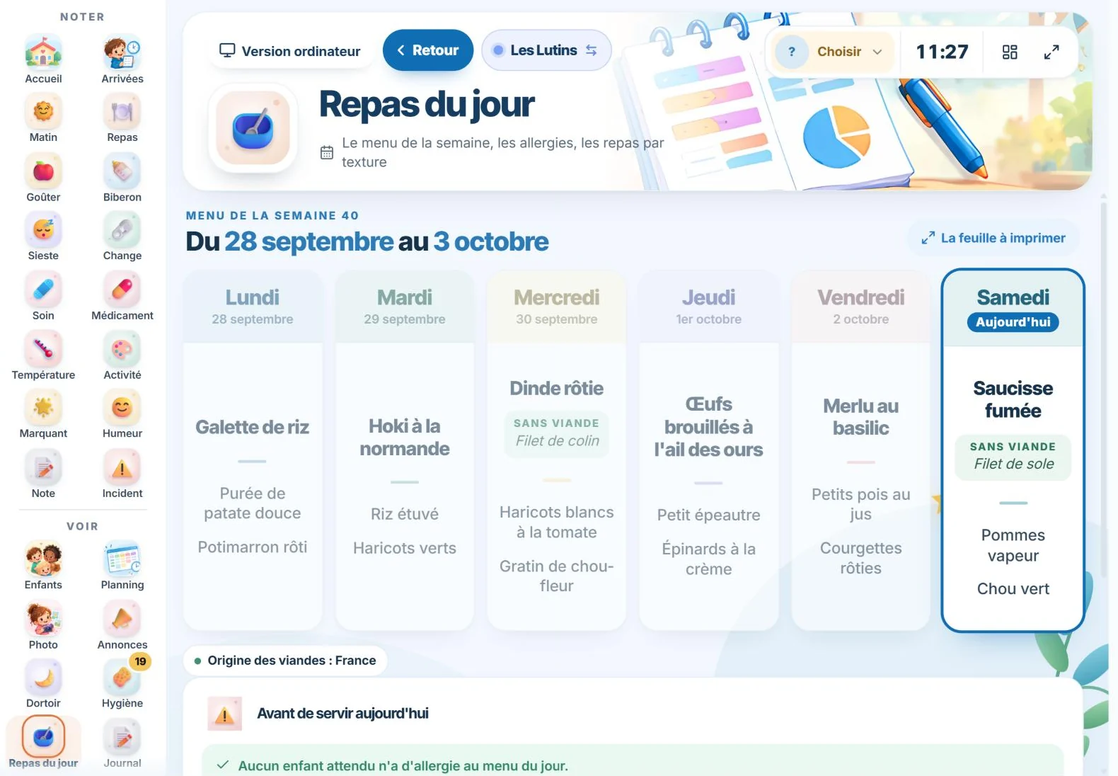Les repas de la semaine, les allergies vérifiées avant de servir, la feuille à imprimer pour la cuisine